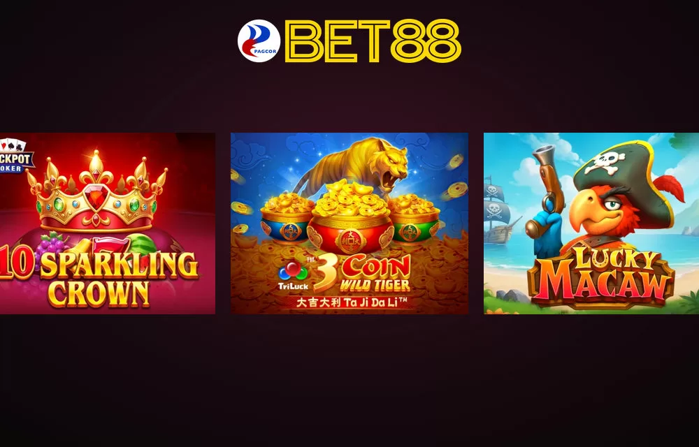 BET88 casino games featuring 10 Sparkling Crown, 3 Coin Wild Tiger and Lucky Macaw