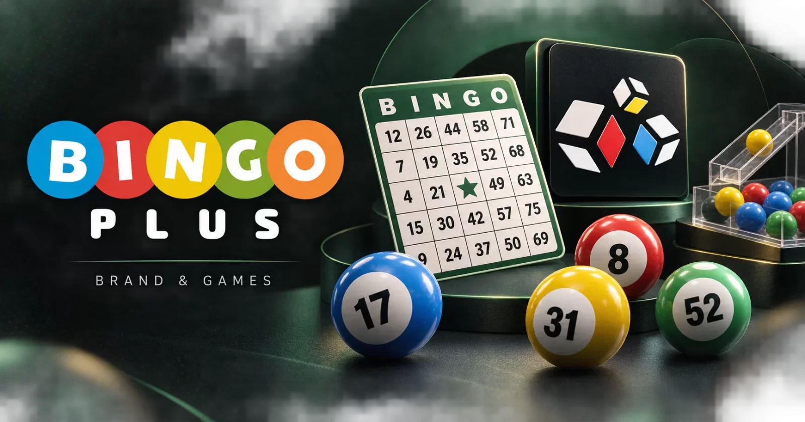BingoPlus logo beside editorial illustrations of a bingo card, coloured dice and a perya ball-drop tray.