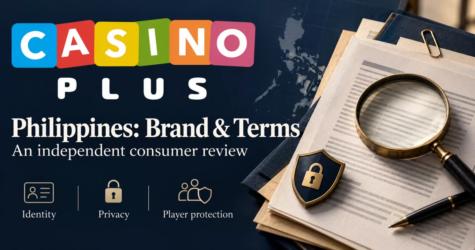 CasinoPlus logo above an independent Philippine consumer review illustration with policy documents, a magnifying glass and privacy symbols.