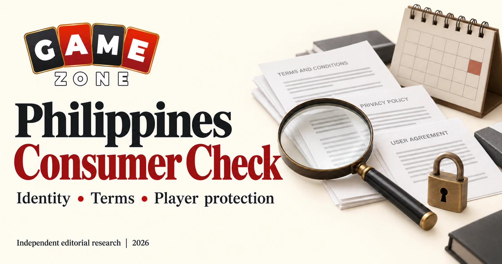 GameZone consumer-check illustration with documents, a magnifying glass, calendar and padlock.