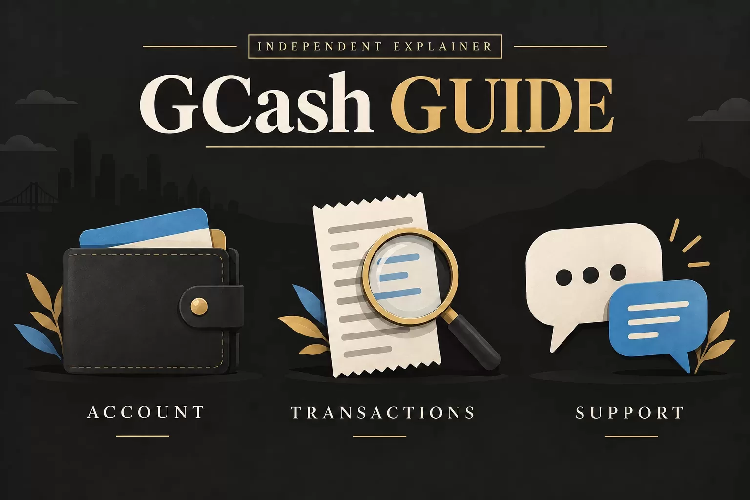 Independent GCash explainer illustrated with a wallet, transaction receipt and support conversation.