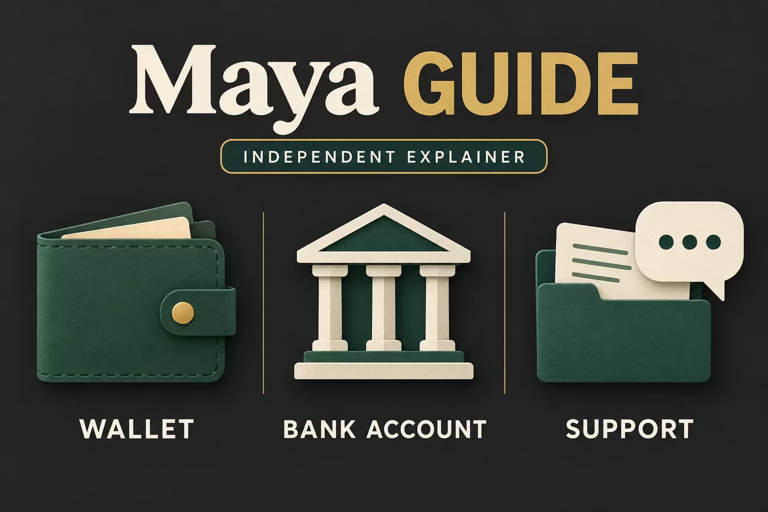 Independent Maya explainer showing separate wallet, bank account and support concepts.