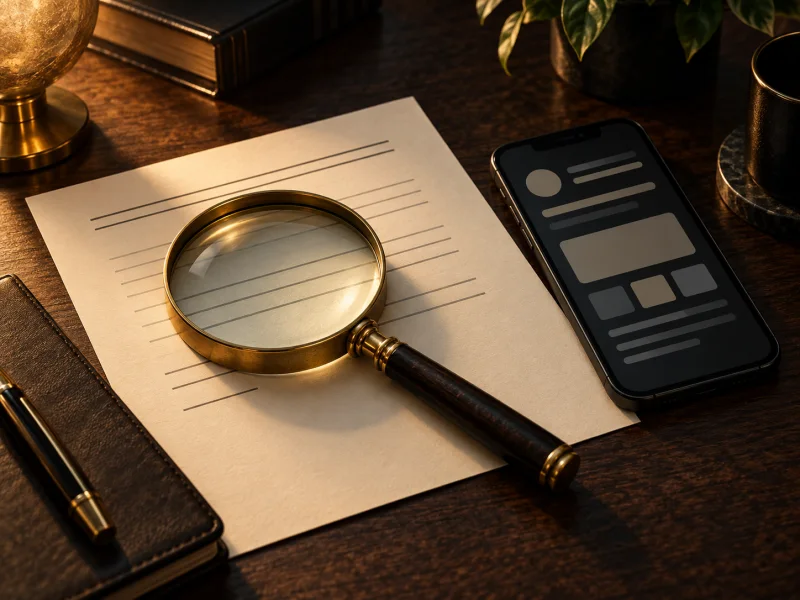 Magnifying glass sa ibabaw ng dokumento katabi ng telepono bilang ilustrasyon ng pagberipika