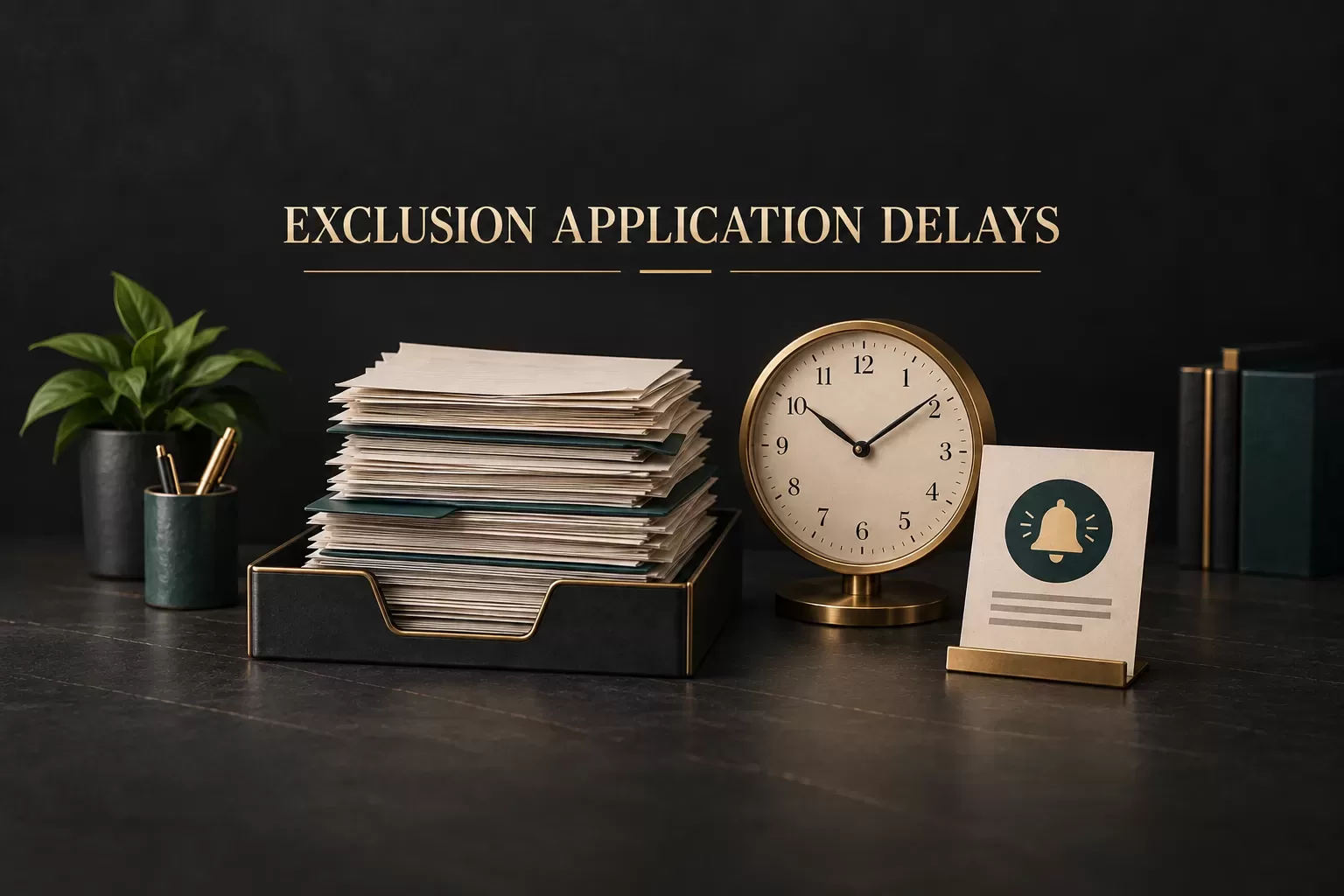 Exclusion application documents beside a clock and notification symbol, illustrating processing delays.
