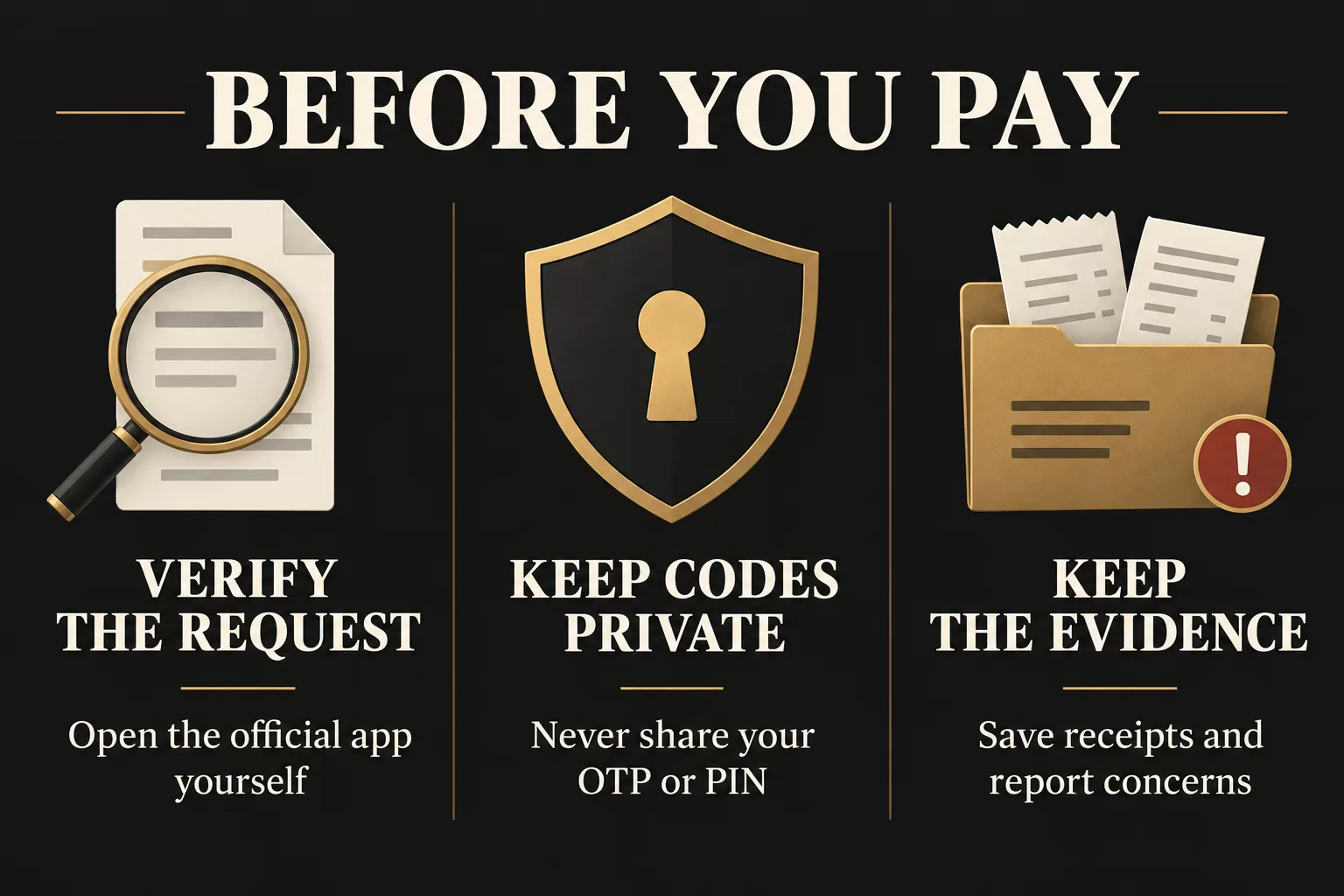 Payment safety checklist: verify the request, keep OTPs and PINs private, and save transaction evidence.