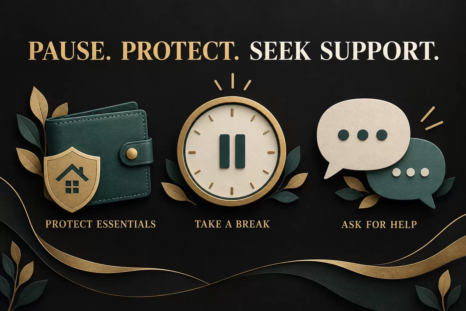 Protect essentials, take a break and ask for help: wallet shield, pause clock and support conversation.