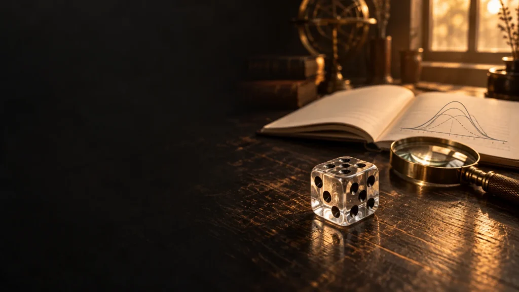 Glass die and notebook on a dark desk, illustrating probability and careful observation