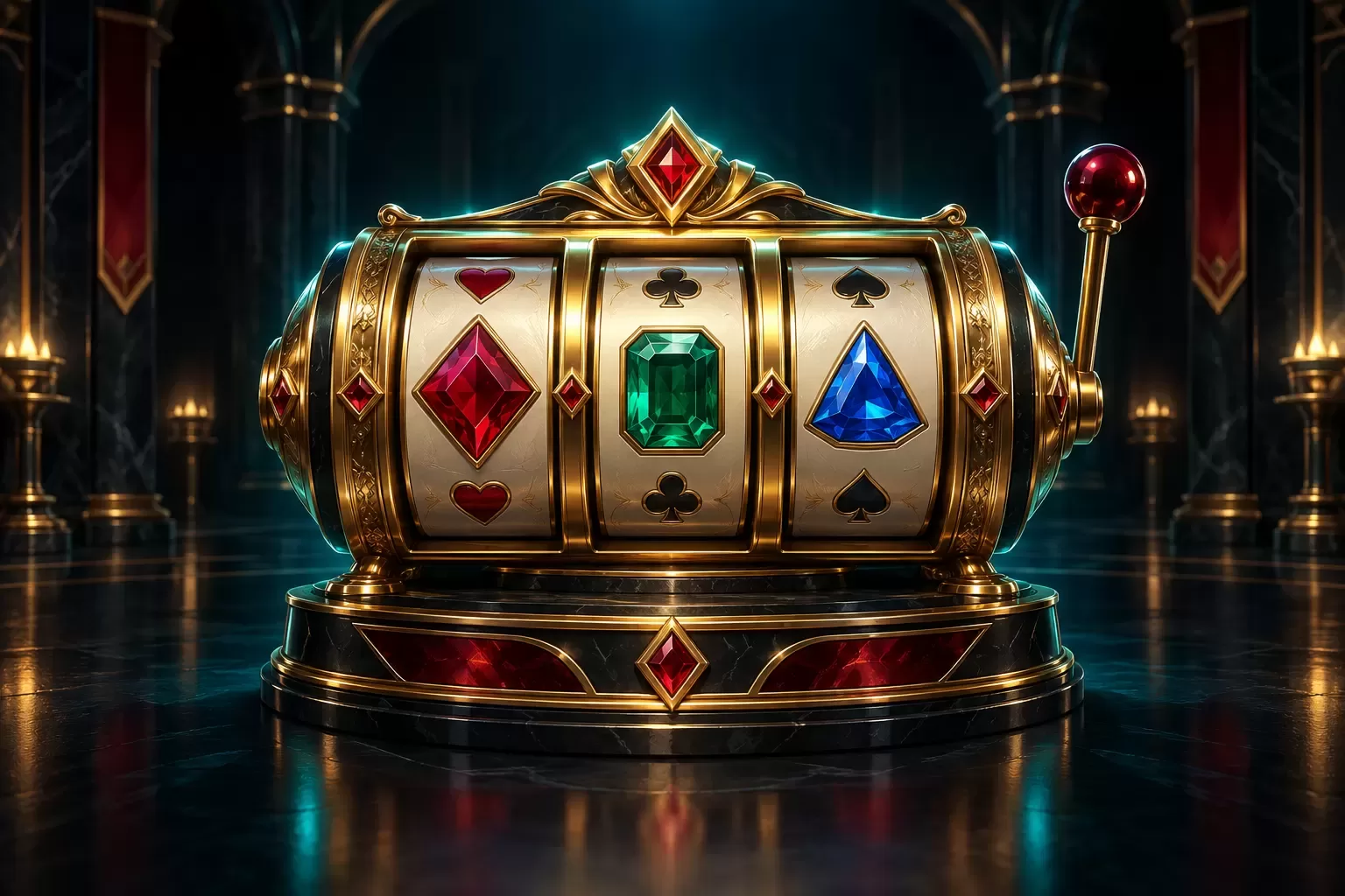 Golden slot reels with ruby, emerald and sapphire symbols in an original Slots category illustration