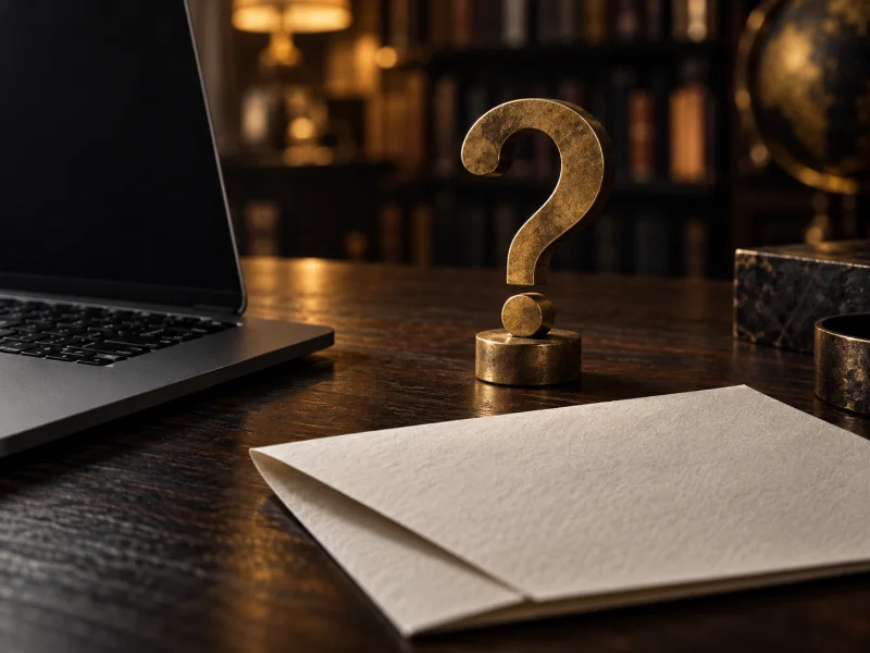 A brass question mark on a dark desk, an editorial illustration of critical thinking