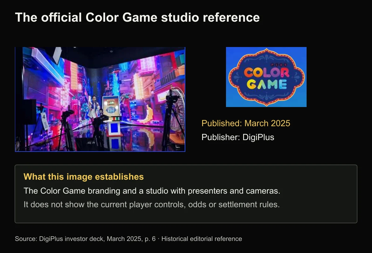 Historical BingoPlus Color Game studio and logo from the March 2025 DigiPlus presentation, with source limits noted.
