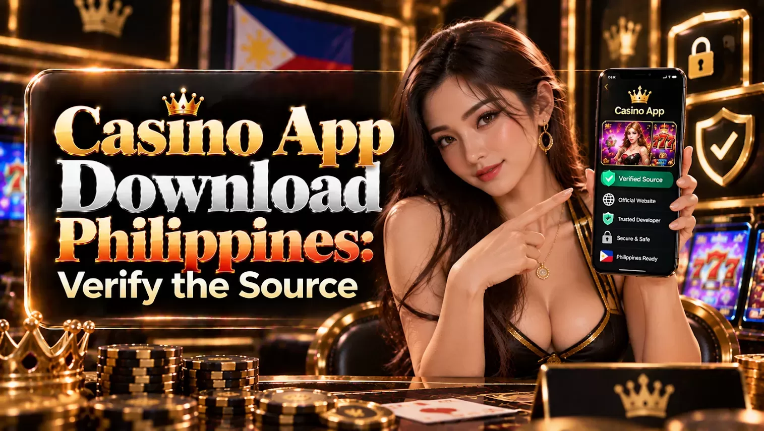 Casino App Download editorial cover showing a phone with source-verification labels in a casino setting.