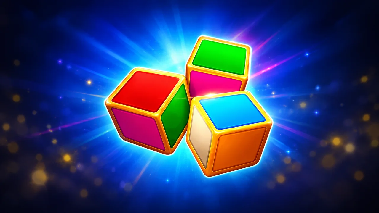 Three gold-edged colour dice with red, green and blue upper faces against a blue background.