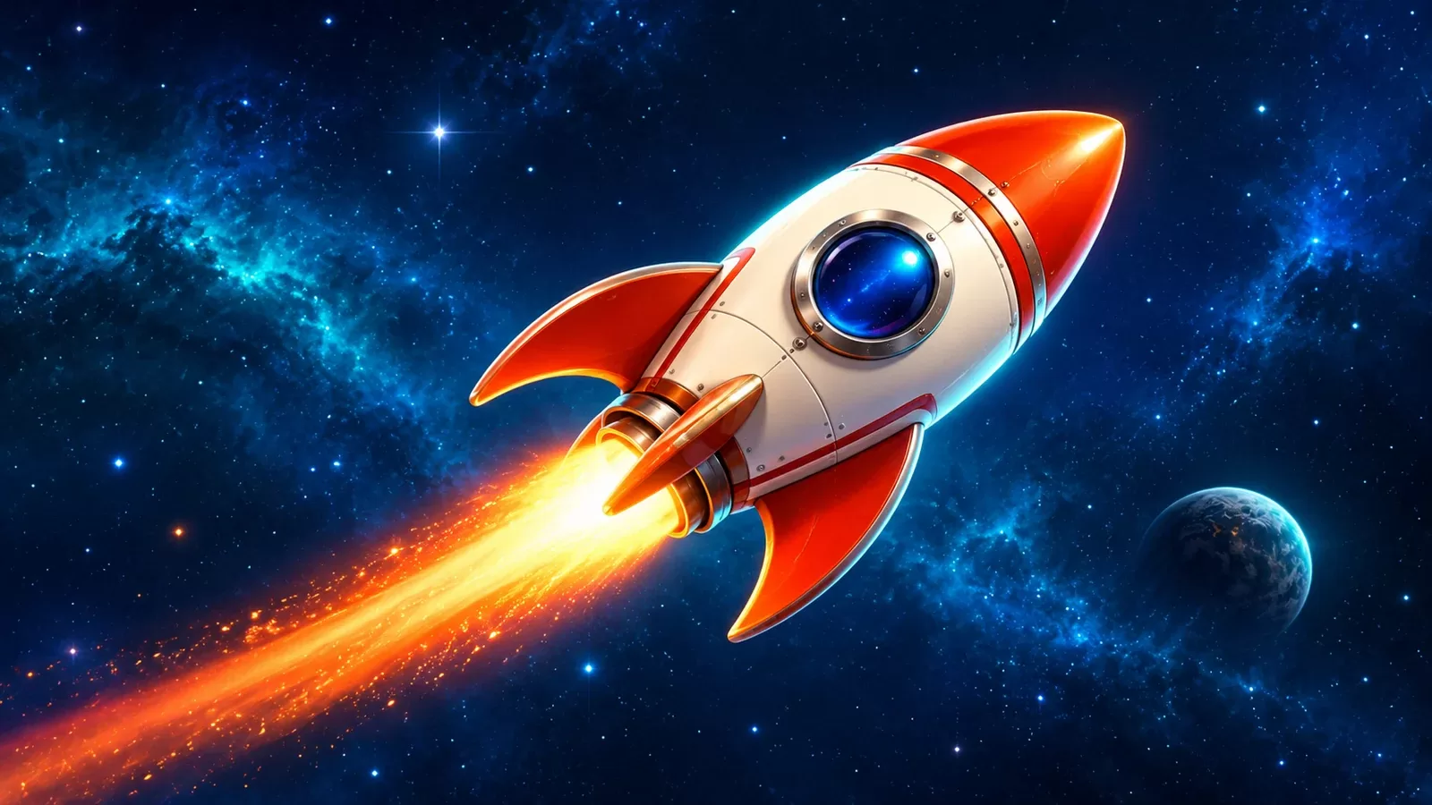 Red and ivory rocket with orange exhaust against a blue space background.