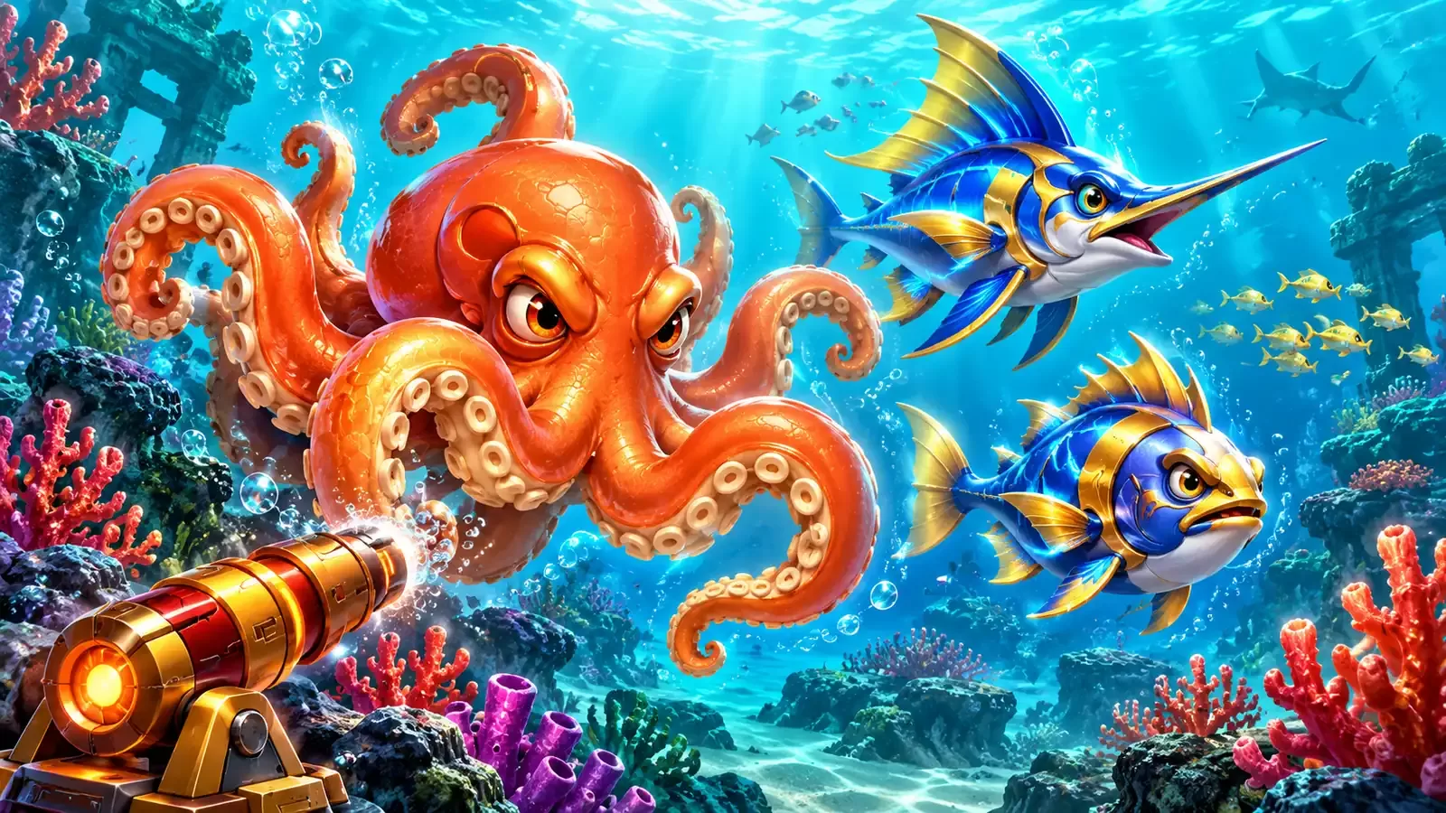 Illustrated underwater arcade scene with colourful sea creatures and a brass cannon.