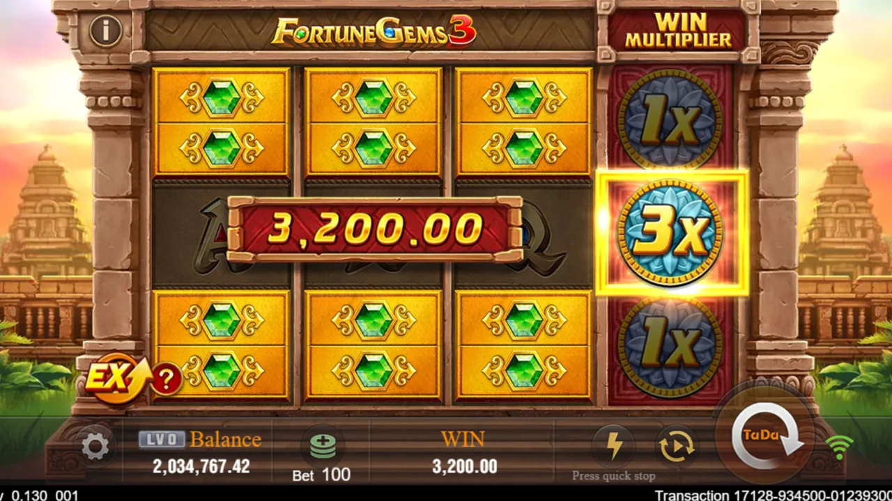JILI Fortune Gems 3 screen showing paired green gem symbols and a highlighted 3x multiplier on the right.