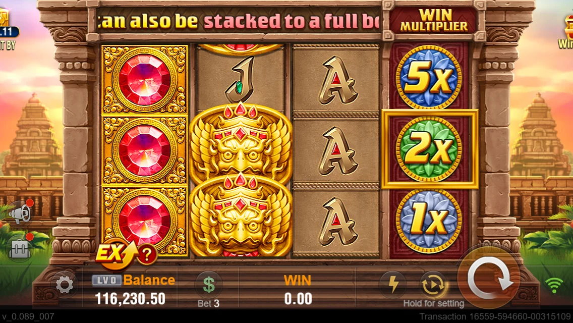 JILI Fortune Gems screen with red gems, gold Garuda symbols and a separate multiplier column on the right.