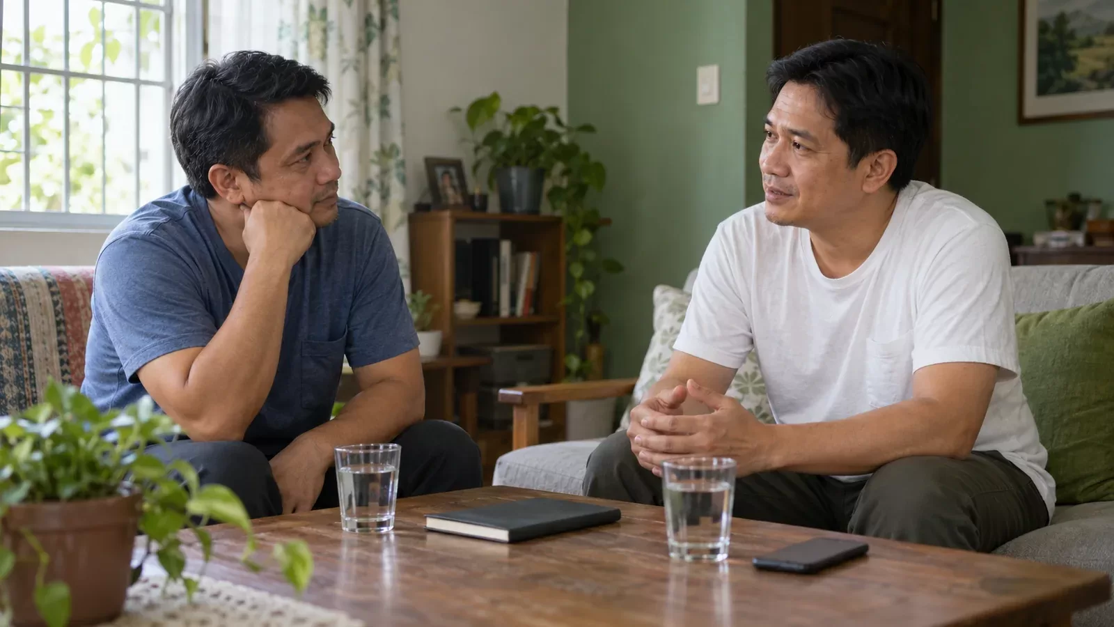 Two adults having a supportive conversation at home with a phone set aside on the table.