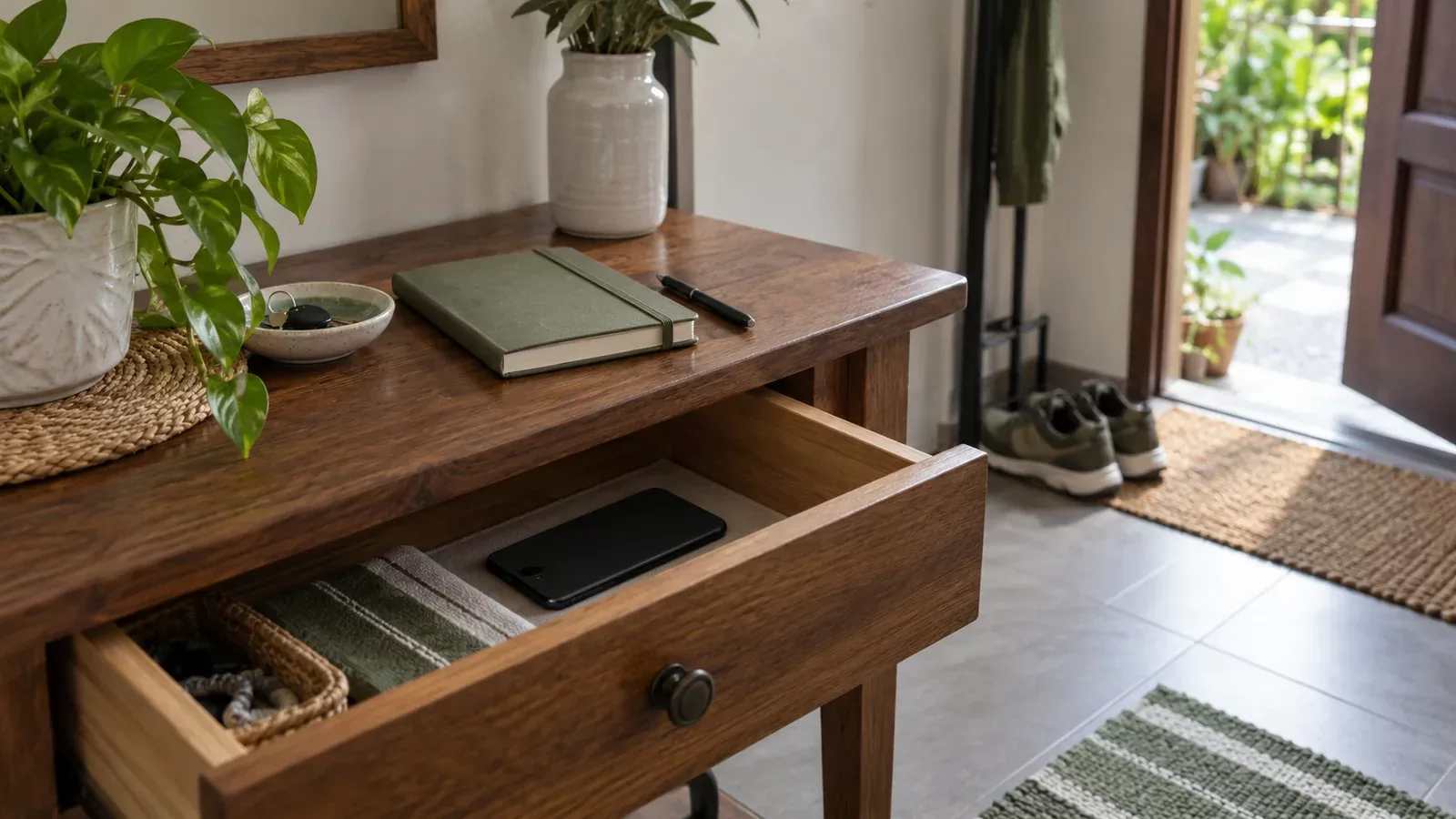 Phone put away in an open drawer beside a notebook, with walking shoes near the doorway.