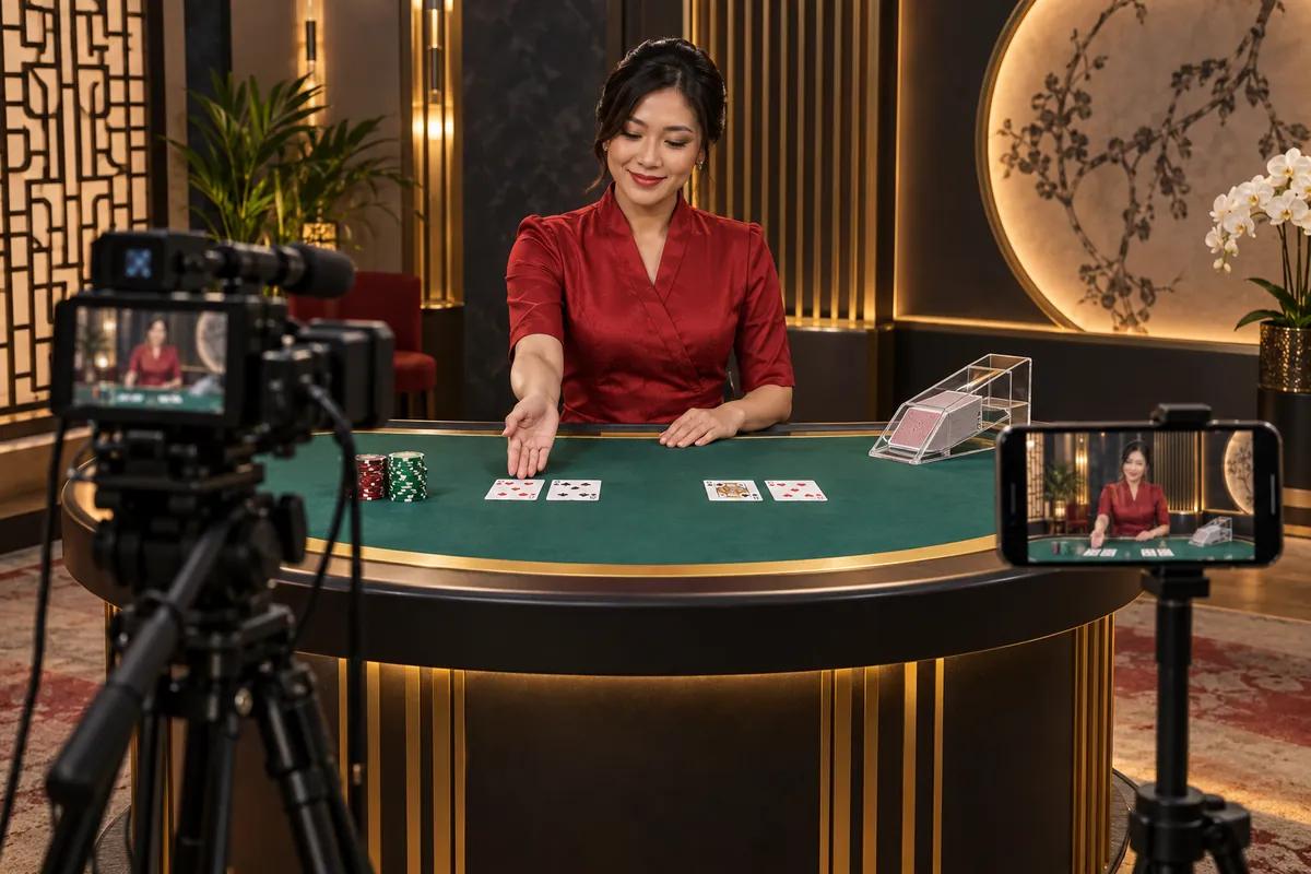 Concept illustration of a live dealer, green card table, studio camera and phone showing the same scene.