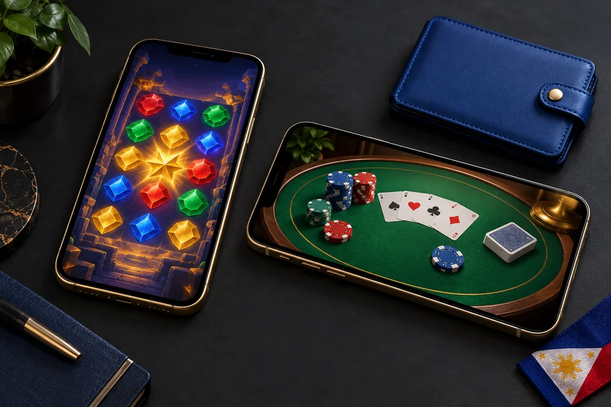 Portrait and landscape phones with illustrated gem and card games beside a blue wallet and Philippine flag.