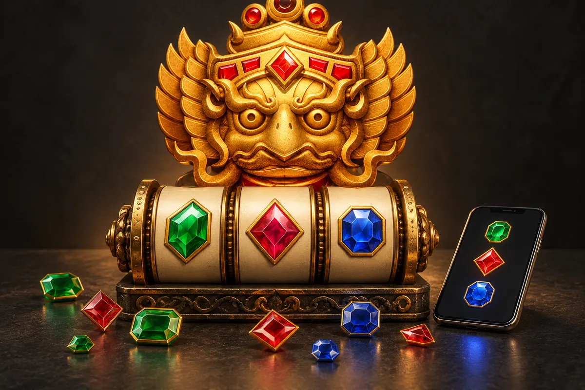 Fortune Gems-inspired gold mask and gem reels beside a phone displaying matching jewel symbols.