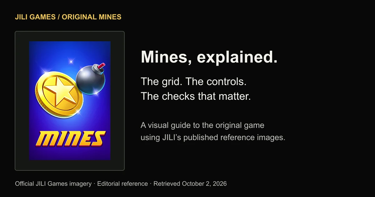 Official JILI Mines artwork beside an editorial introduction to its grid, controls and verification checks.