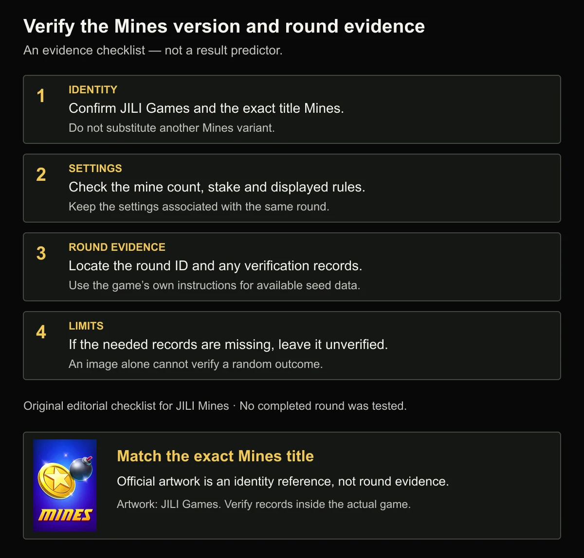 Mines verification diagram showing separate checks for the game title, version and settings, and round evidence.