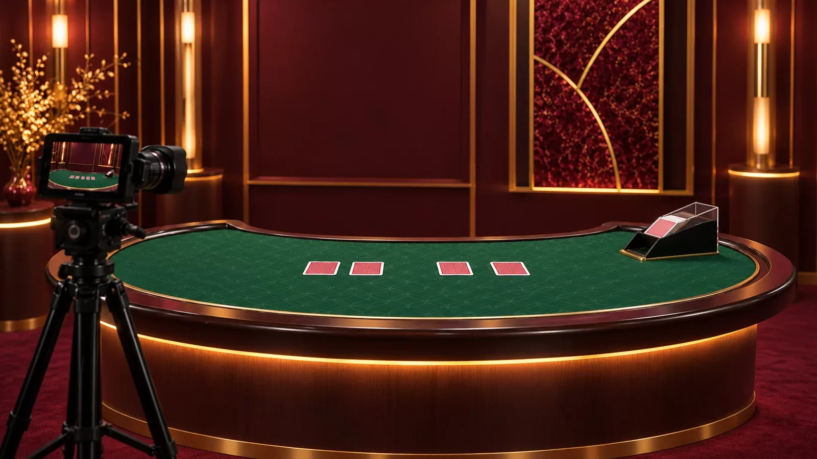 Emerald card table and broadcast camera in an empty burgundy studio, illustrating live casino production.