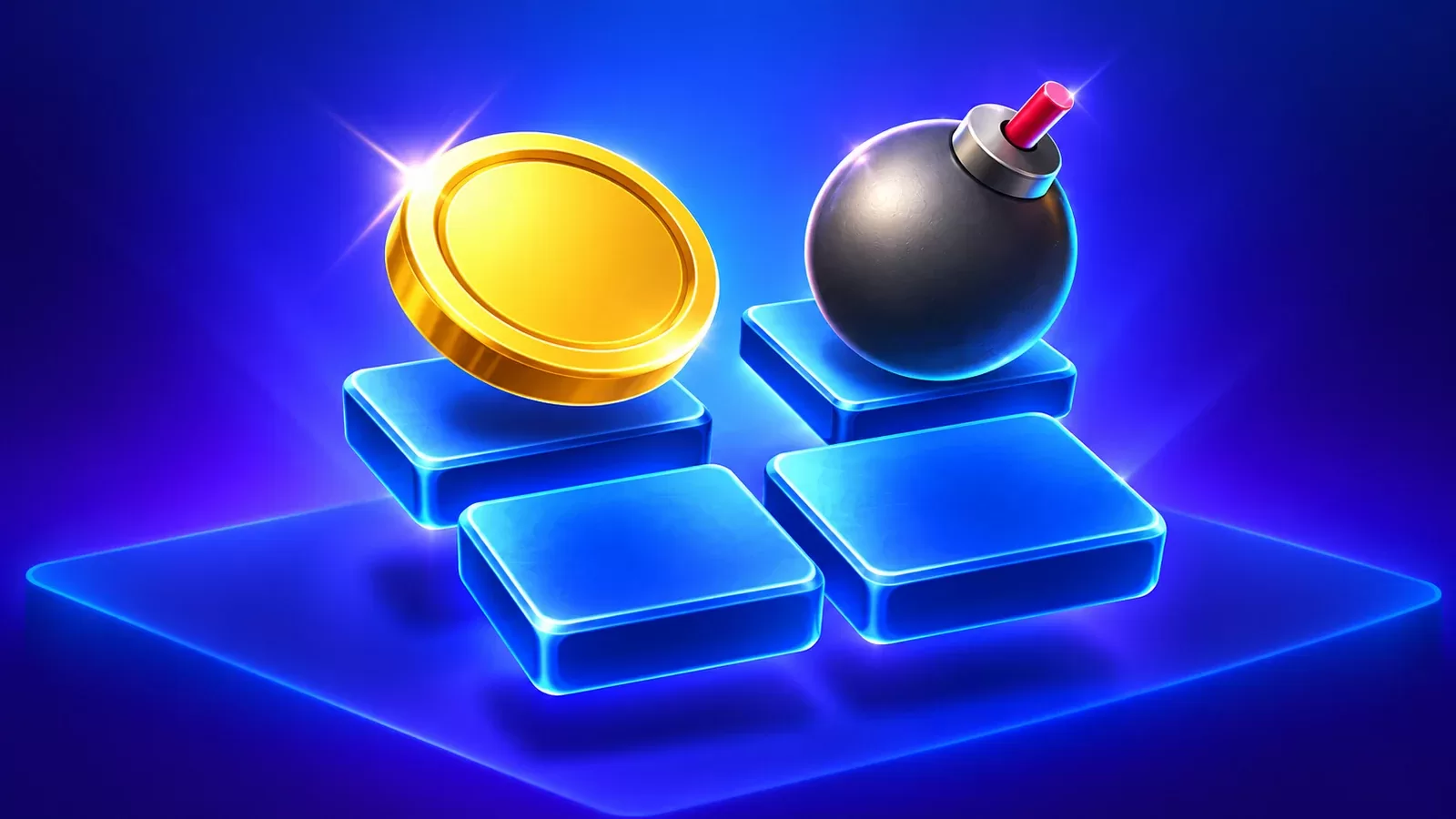 Blue tiles, a gold coin and a dark spherical mine in a stylised Mines illustration.