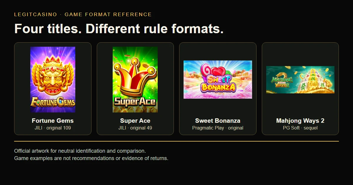Official artwork identifies original Fortune Gems, Super Ace, Sweet Bonanza and Mahjong Ways 2.