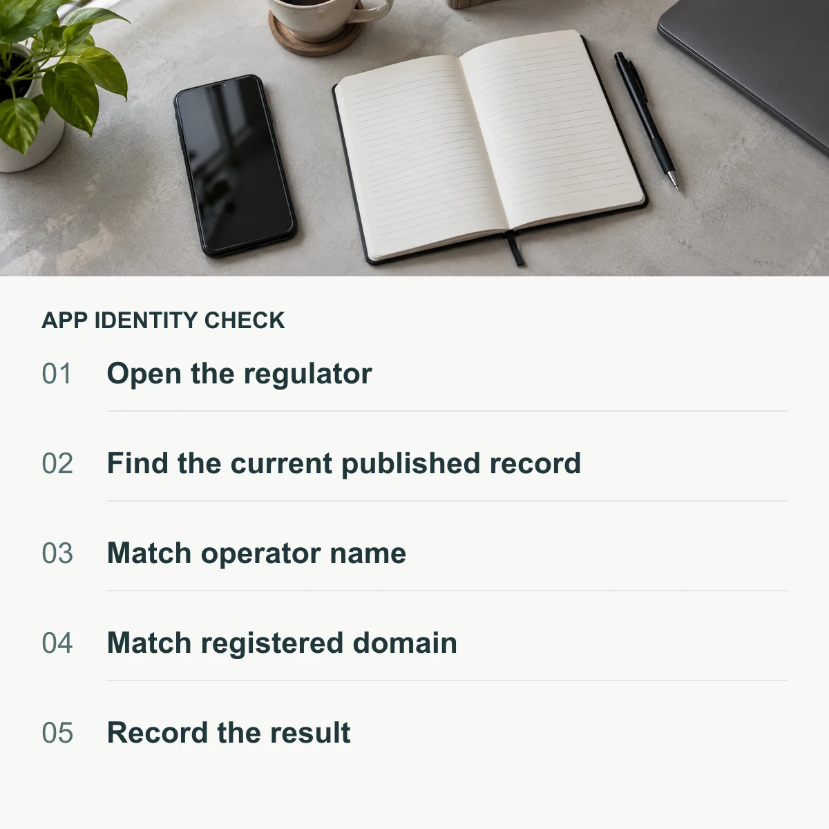 Phone and notebook above five steps for checking a published record, matching operator and domain, and saving the result.