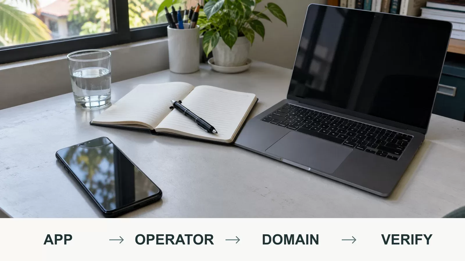 Phone, laptop and notebook beside an app-to-operator-to-domain verification sequence.