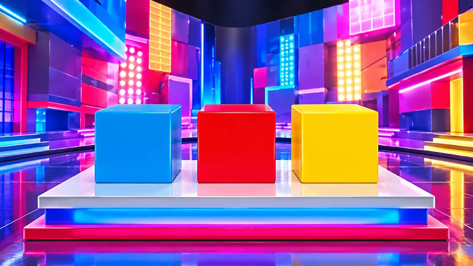 Blue, red and yellow cubes on a platform in a colourful studio-inspired Perya illustration.
