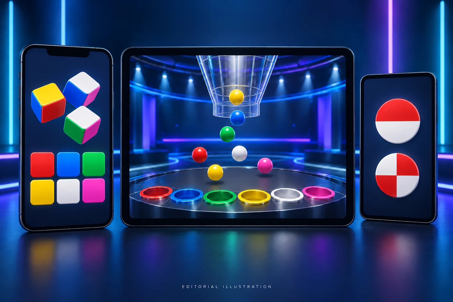Conceptual online Perya displays showing plain color dice, a live-style ball apparatus, and red-and-white symbols; not actual game screenshots.