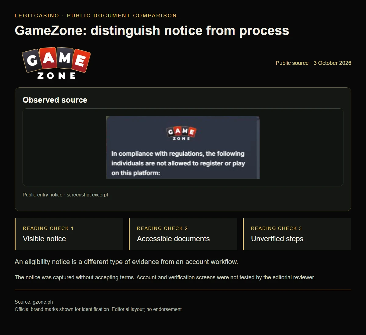 Official GameZone branding and a publicly visible notice, used as a source-identification example.