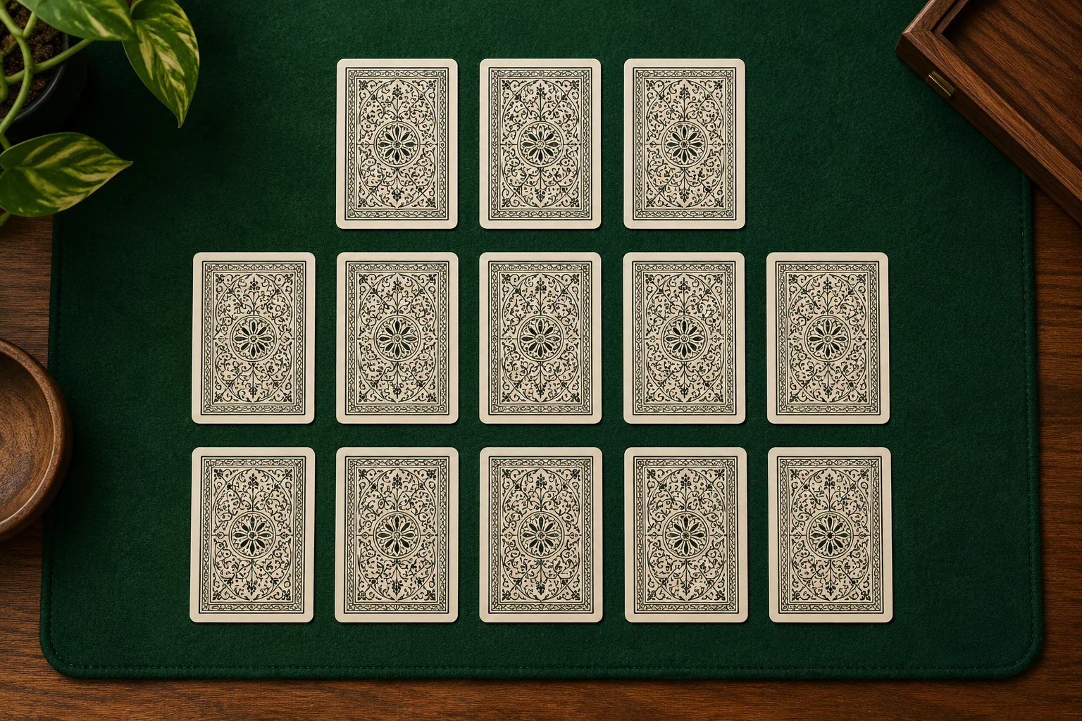 Editorial illustration of a classic Pusoy practice table with three clearly separated hand positions.