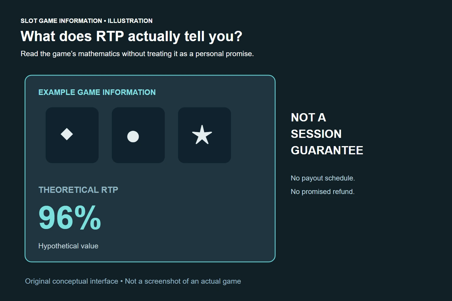 Conceptual slot information graphic explaining that 96 percent RTP is not a session guarantee.