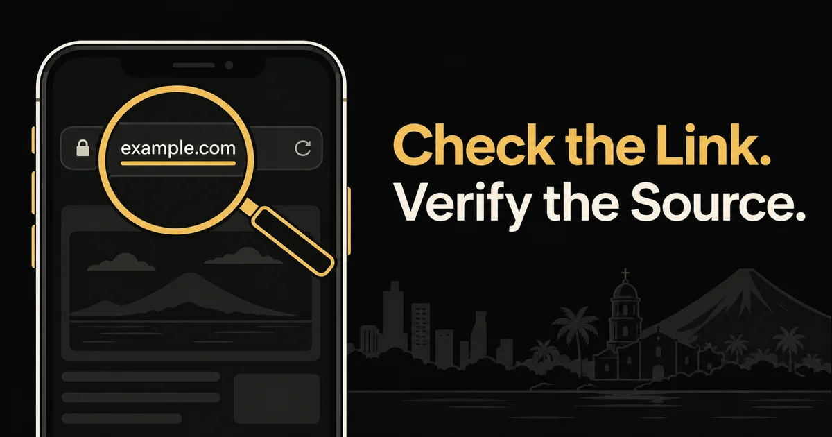 A magnifying glass highlights example.com on a phone beside the words Check the Link. Verify the Source.