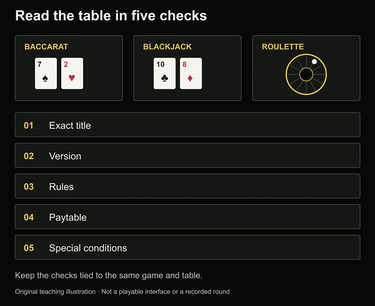 Five-part reading checklist covering exact title, version, rules, paytable and special conditions.