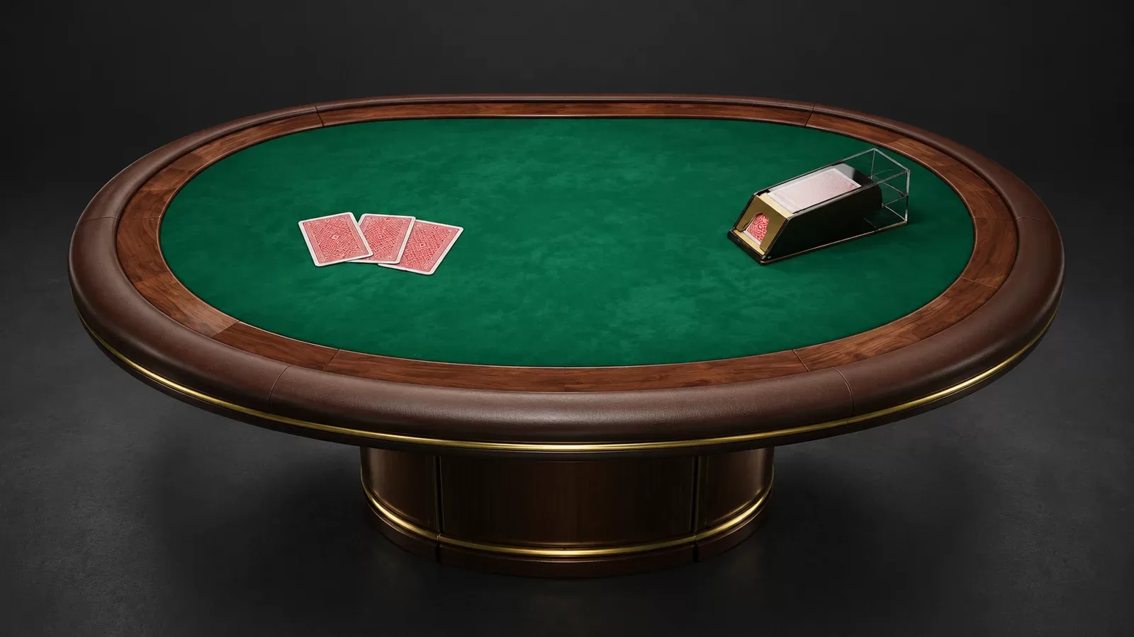Empty emerald card table with red-backed cards and a card shoe, illustrating non-live table games.