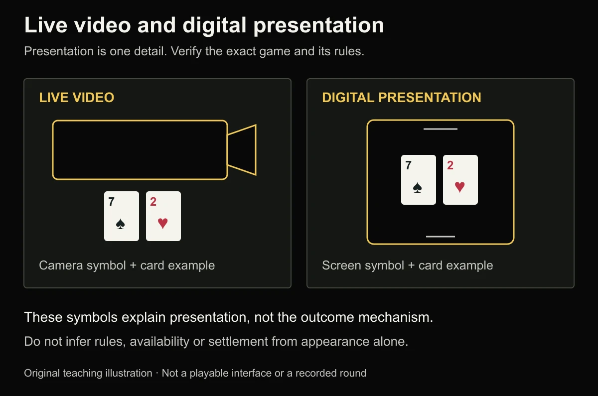 Illustrated comparison of live video from a physical table or wheel and a digital game presentation.
