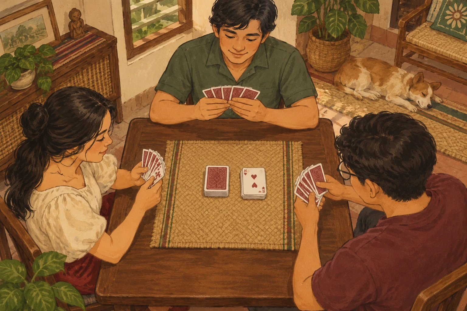 Warm hand-drawn illustration of a Tongits table with clearly separated playing areas.