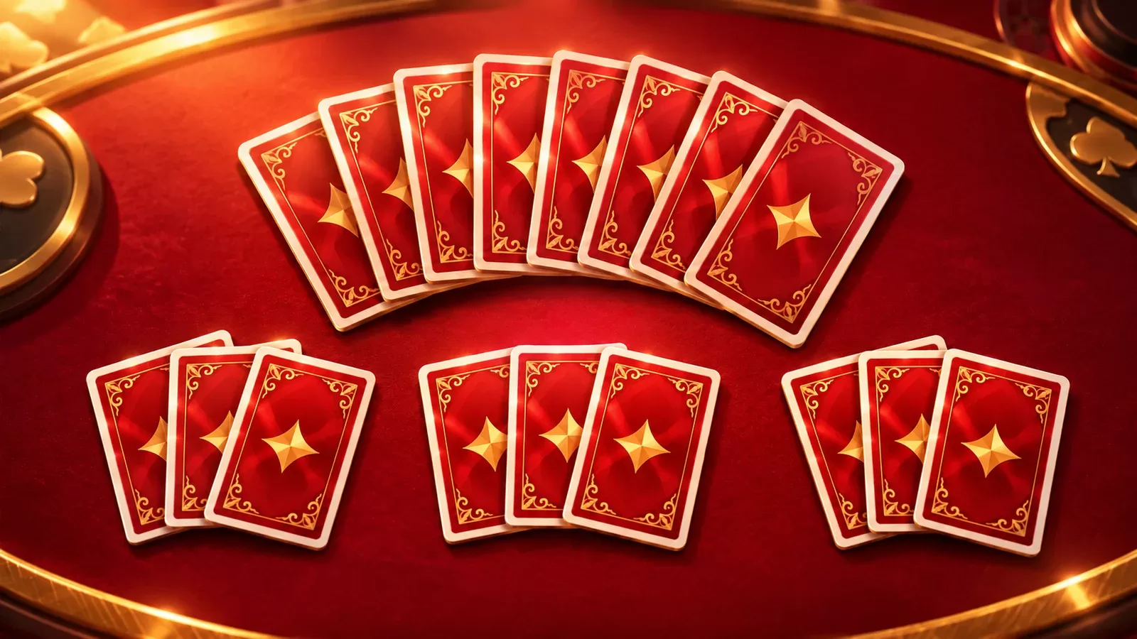 Fan of red-backed cards and three card groups on red felt, illustrating the Tongits category.