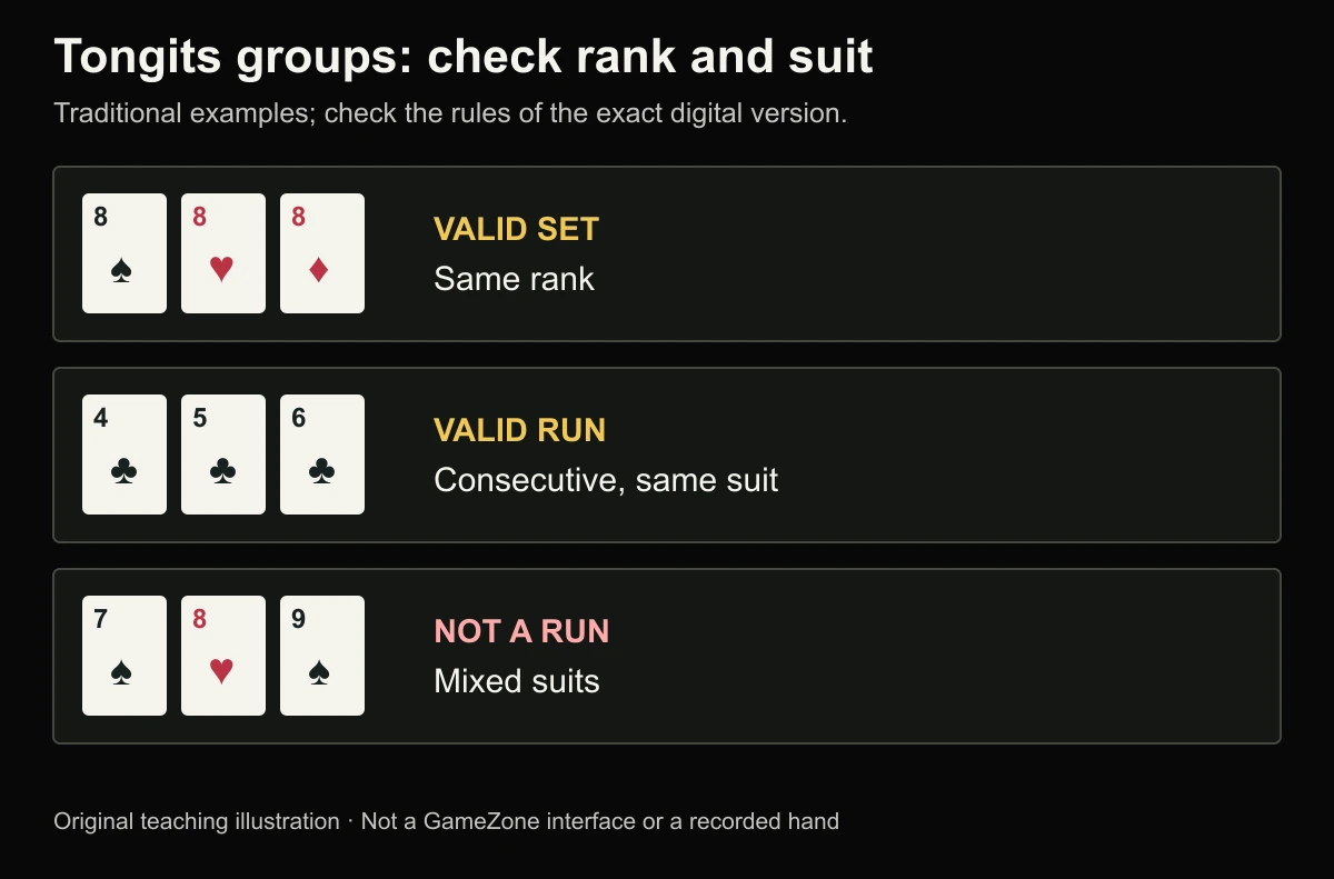 Original Tongits examples comparing an equal-rank set, a same-suit run and a mixed-suit sequence that is not a run.