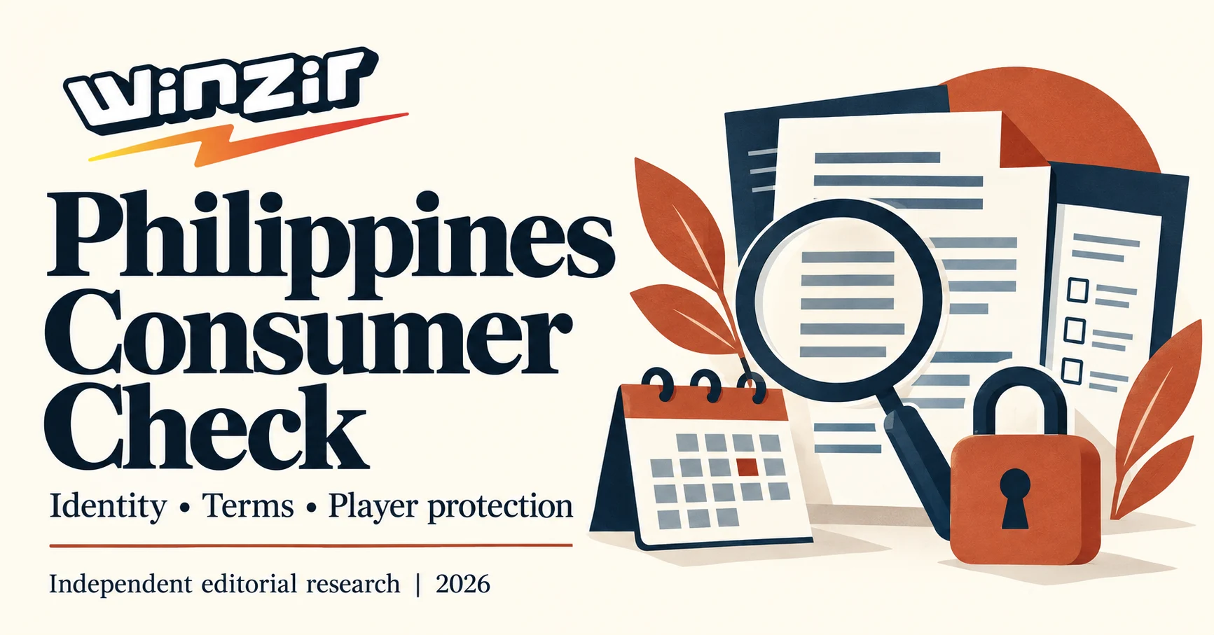 WINZIR consumer-check editorial illustration with documents, a magnifying glass, calendar and padlock.